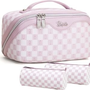 BOYATU Travel Makeup Bag Cosmetic Bags for Women: 3 Pcs Set Portable Make up Bag with Handle – Vegan Leather Toiletry Bags with Compartments – Makeup Organizer for Travel Essentials(02-Purple)