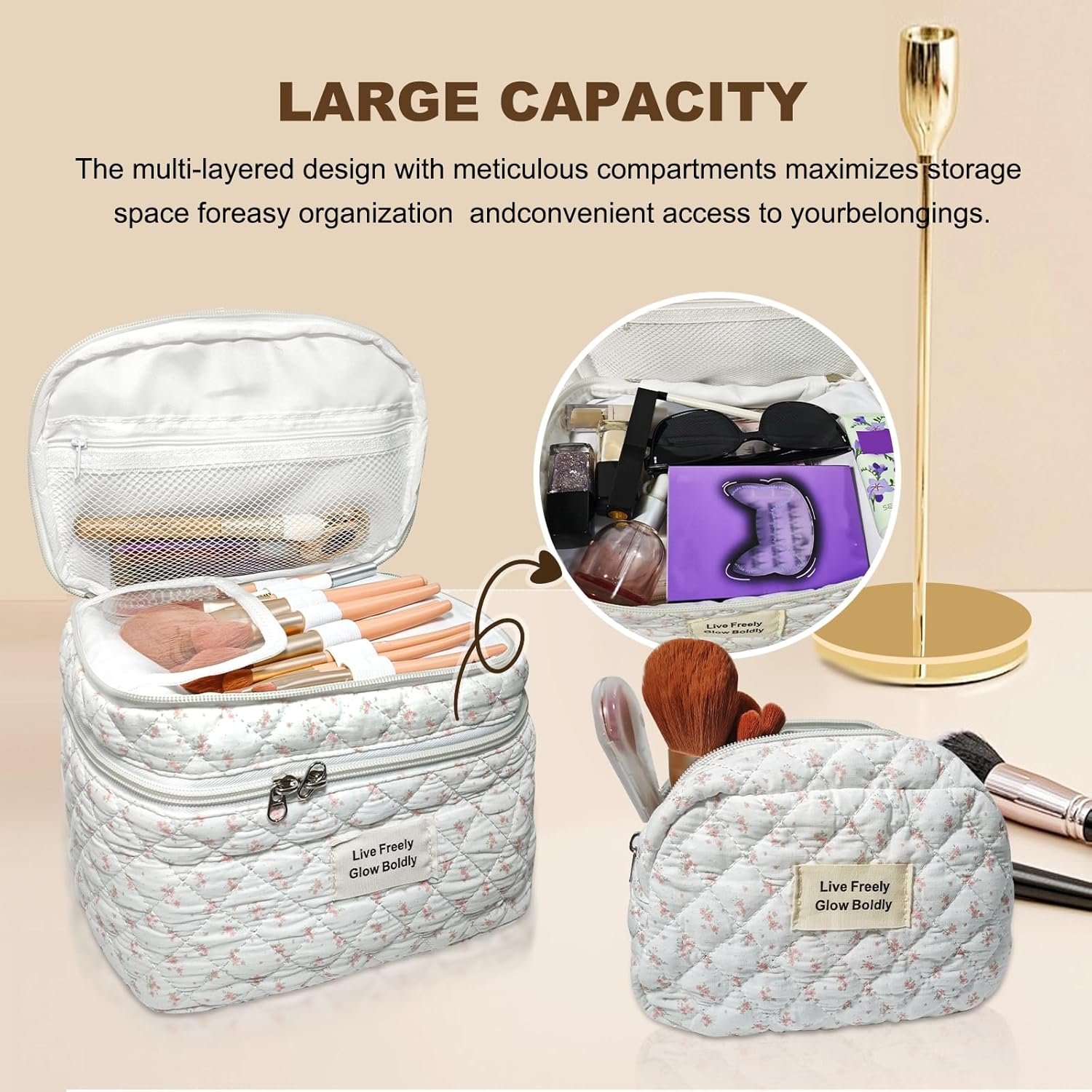 3Pcs Large Travel Quilted Makeup Bag, Double Layer Cute Floral Cotton Toiletry Bag, Aesthetic Flower Cosmetic Bag Coquette Skincare Organizer Bag for Wome (74-PinkFloral) - Image 4
