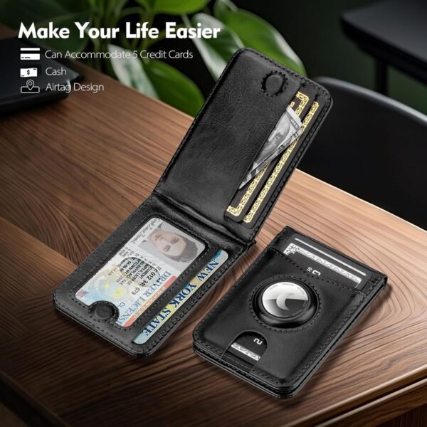 for Magsafe Wallet Stand with Airtag Holder,PU Leather RFID Blocking Card Holder,5 Card Slots,ID Window,Flip Kickstand for iPhone 16/15/14/13/12/Pro/Max/Plus,Not Fit iPhone Mini,Black - Image 3