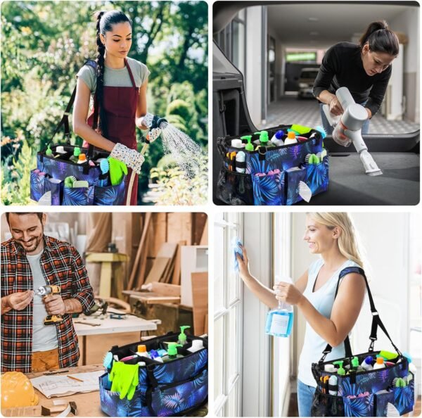 Wearable Cleaning Caddy Bag with Handle, Multi-functional Cleaning Supplies Caddy Organizer with Handle and Shoulder Strap for Car Wash, Gardening Tools, Painting/Picnic Items, Beach (Blue Leaves) - Image 7