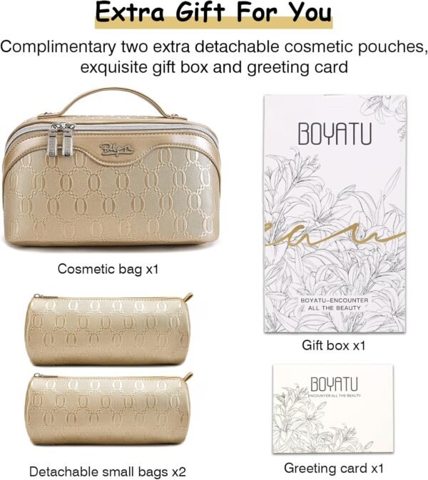 BOYATU Travel Makeup Bag for Women: Cosmetic Organizer Bag with Compartments - Leather Make up Bags Set of 3 (Gold Yellow) - Image 5