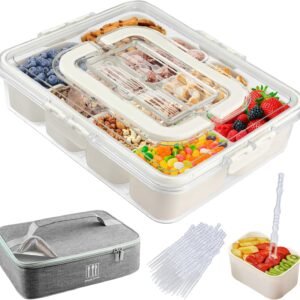 Snack Box Container with Insulated Cooler Bag – Divided Serving Tray with Lid and Handle, Portable 8 Compartment Snack Container with 50 Forks, Dishwasher Safe Snackle Box for Snacks, Candy, Fruits