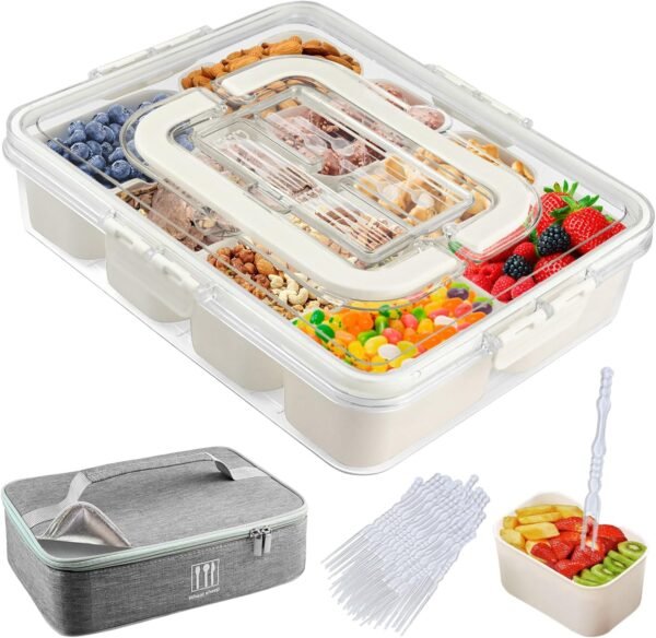 Snack Box Container with Insulated Cooler Bag - Divided Serving Tray with Lid and Handle, Portable 8 Compartment Snack Container with 50 Forks, Dishwasher Safe Snackle Box for Snacks, Candy, Fruits
