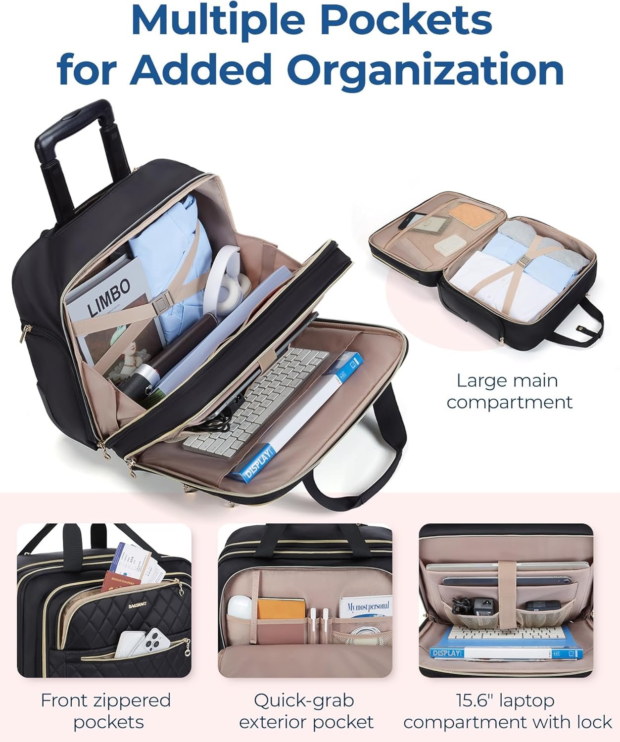 BAGSMART Women's Rolling Laptop Bag for 15.6 Inch Laptop, Underseat Carry-On Luggage with TSA Lock, Wheeled Computer Briefcase for Travel Work Business, Black - Image 3