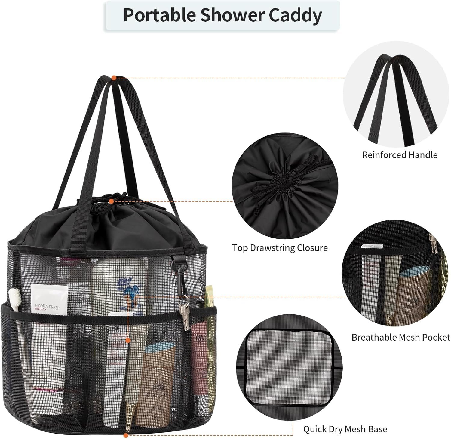 Mesh Shower Caddy Portable, Large Capacity Shower Bag Quick Dry Bathroom Tote, Travel Toiletry Bag Organizer with 6 Pockets for Dorm Room, Gym, Bathroom, Swimming, Camping, Beach, Travelling - Image 5