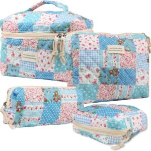 VIWIME Makeup Cosmetic Bag, Large Cotton Quilted Travel Coquette Aesthetic Cute Floral Make up Bag for Women Toiletry Bag Organizer(Grid Rose/4Pcs)