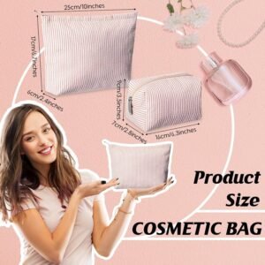 2 Pieces Makeup Bag Set Cute Cosmetic Pouch for Women Seersucker Travel Toiletry Bag Preppy Small Makeup Purse Pouch Aesthetic Skincare Brushes Storage Organizer for Women(Khaki)
