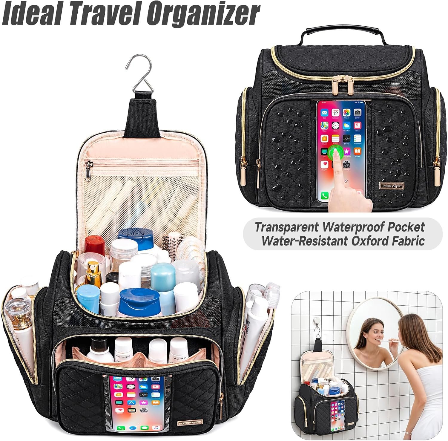 Large Toiletry Bag for Women Men,Bathroom Bag,Water Resistant Makeup Bag,Portable Shower Caddy for College Dorm,Hanging Shower Bag with Transparent Waterproof Phone Pocket - Image 2