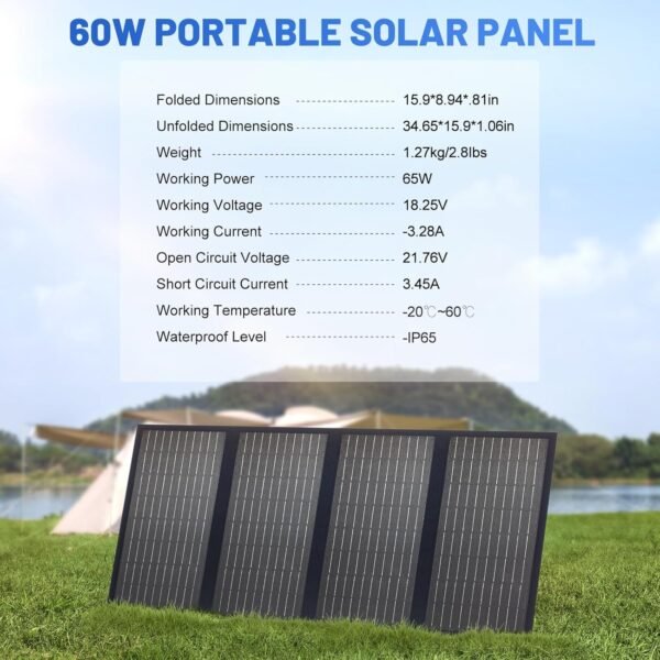SS60 Portable 60W Solar Panel, Waterproof IP67 Foldable Solar Panel Charger with 18V DC, PD 45W USB-C and 5V USB-A Output for Solar Generator 12V Battery - Image 6