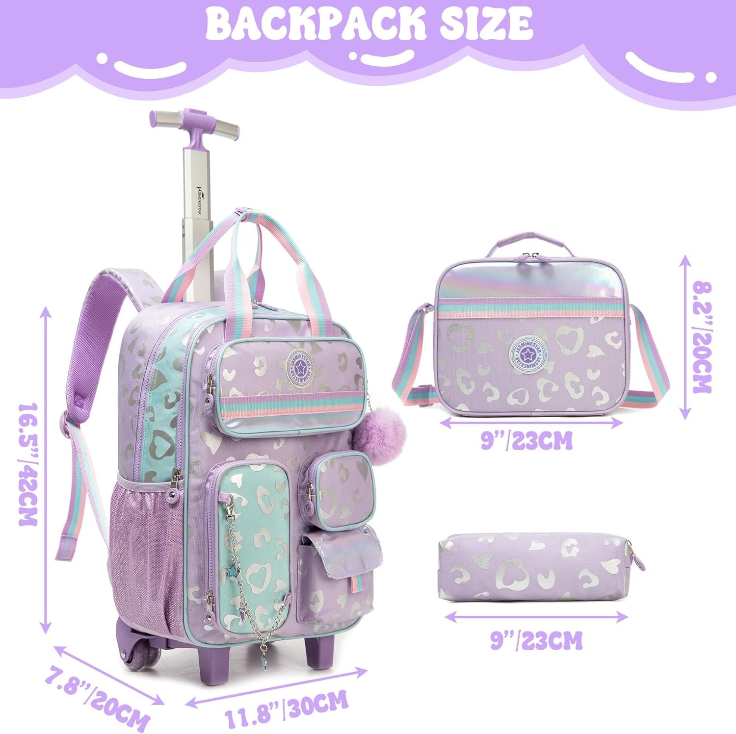 3pcs Teens Rolling Backpack Cute Wheeled, Trolley School Bag with Star Glitter, Travel Roller Backpack with Wheels School Bookbag - Image 2