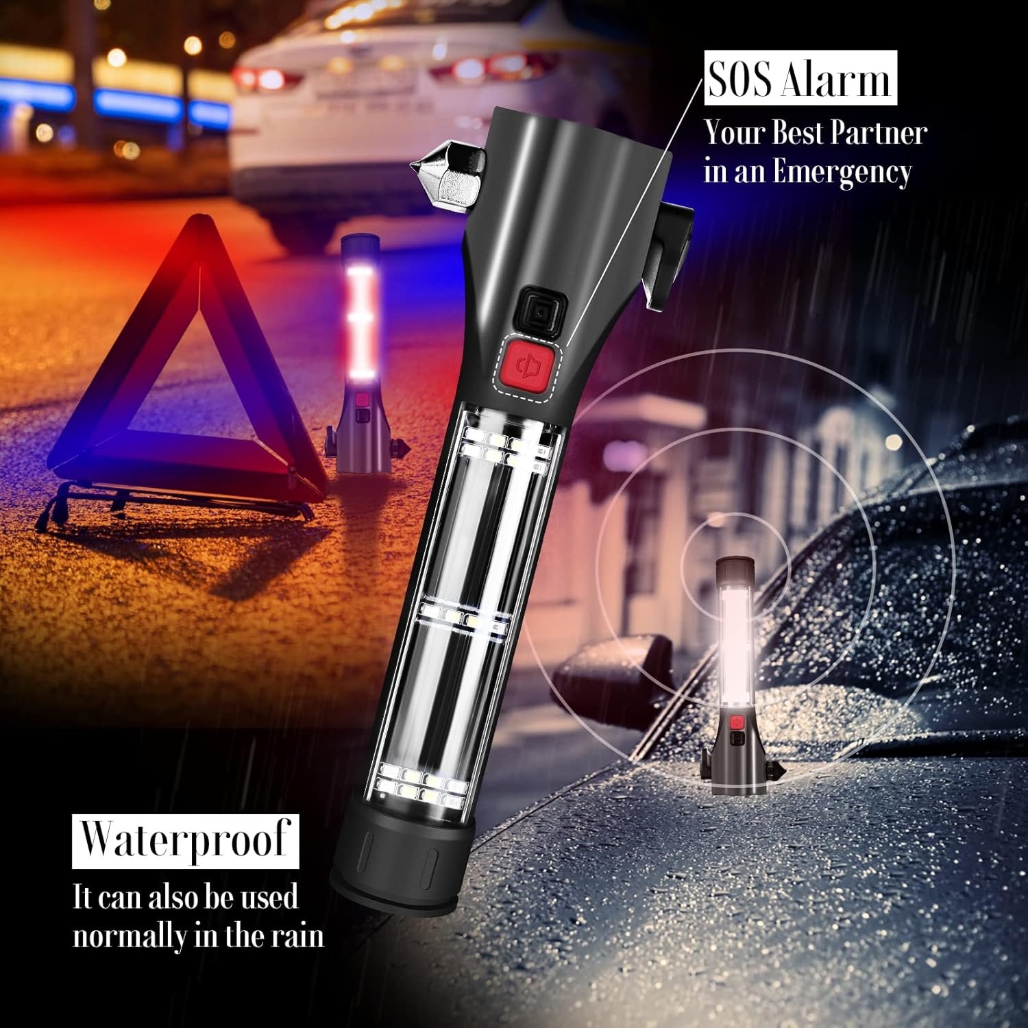 Solar Powered Car Safety Hammer Flashlight with Seatbelt Cutter, LED High Lumens, Red and Blue SOS Flashing, USB Charging, Magnetic Attraction, Portable Design - Image 6
