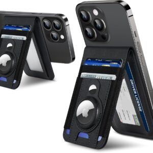 for Magsafe Wallet Stand with Airtag Holder, Strongest Magnetic Wallet for iPhone 16/15/14/13/12 Series, ID Window, 4 Card Slots, 10 Cards Holder, Vegan Leather, RFID Blocking, Black