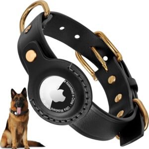 AirTag Dog Collar – 100% Genuine Leather Dog Collar with Apple AirTag Holder, Suitable for Large Dogs, Black, L, Adjustable Size 16.9-22.4 Inch