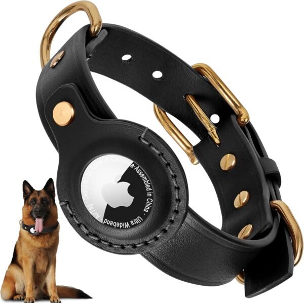 AirTag Dog Collar - 100% Genuine Leather Dog Collar with Apple AirTag Holder, Suitable for Large Dogs, Black, L, Adjustable Size 16.9-22.4 Inch