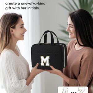HOTOR Travel Toiletry Bag – Personalized Chenille Initial Makeup Bag, Water-Resistant Personalized Gifts for Women, Portable Travel Accessories & Essentials, Letter M, Black, 11.4″×9.0″×3.35″