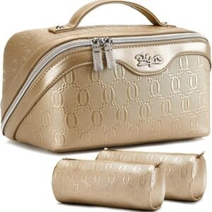 BOYATU Travel Makeup Bag for Women: Cosmetic Organizer Bag with Compartments – Leather Make up Bags Set of 3 (Gold Yellow)