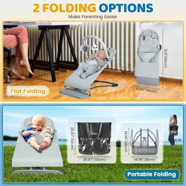 Orzbow Portable Baby Bouncer, Foldable Baby Bouncer Seat with Storage Bag and Removable Play Bar, 3 Recline Positions, 0-12 Months Up to 20lbs, Ergonomic Design, Easy to Wash, Gray - Image 4