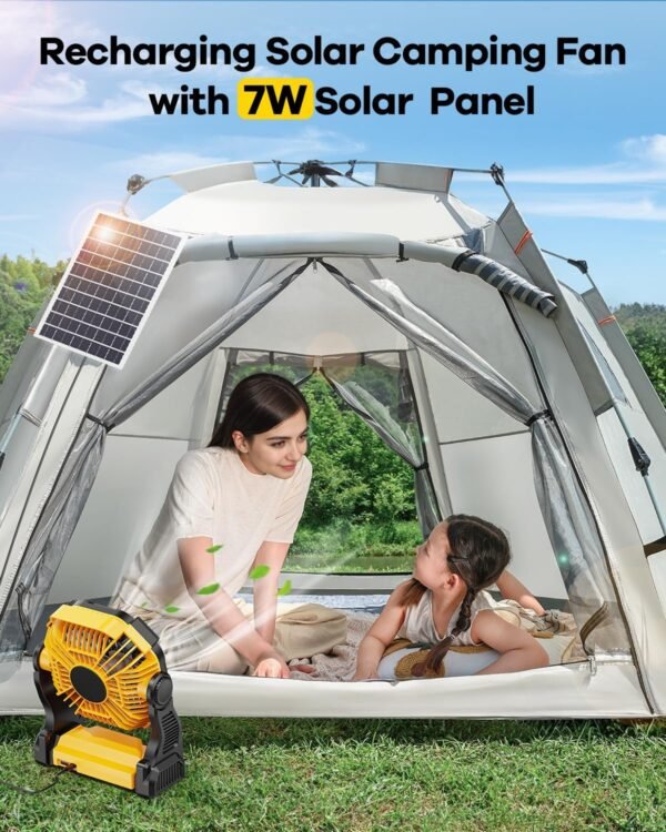 10400mAh Solar Fan, Camping Fan with 7W Panel/LED Lantern, Rechargeable Battery Operated Solar Powered for Outdoor & Indoor - Travel, Picnic, Barbecue, Fishing - Image 2