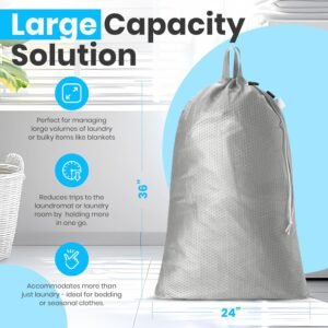 Large Mesh Laundry Bags – 2-Pack Heavy Duty with Handles & Drawstring – Machine Washable Net Laundry Sacks for College Dorm, Camp, Travel, Bedding & Clothes Storage (Grey)