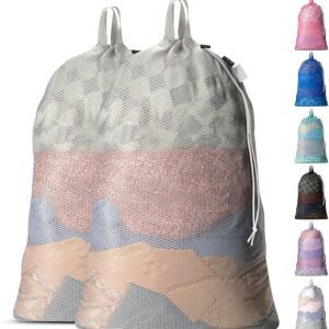 Large Mesh Laundry Bags – 2-Pack Heavy Duty with Handles & Drawstring – Machine Washable Net Laundry Sacks for College Dorm, Camp, Travel, Bedding & Clothes Storage (Grey)