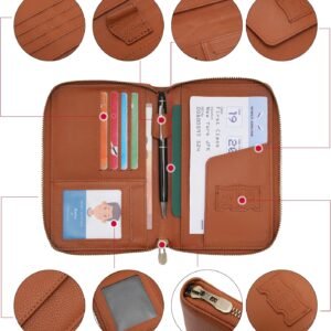 WASON Leather Zipper Travel Passport Wallet Holder RFID Blocking Cover, Passport case Pocket Slot for Card, Cash, ID, Boarding Pass and Ticket for Men, Women and Family Trips (Brown)