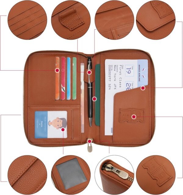 WASON Leather Zipper Travel Passport Wallet Holder RFID Blocking Cover, Passport case Pocket Slot for Card, Cash, ID, Boarding Pass and Ticket for Men, Women and Family Trips (Brown) - Image 2