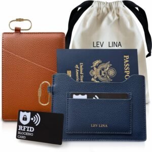 Passport Holder for Travel RFID Blocking Slim Leather Passport Wallet & Passport Book Cover Case with Gold Tone Screw Carabiner and Gift Pouch, Airport Essentials (NAVY)