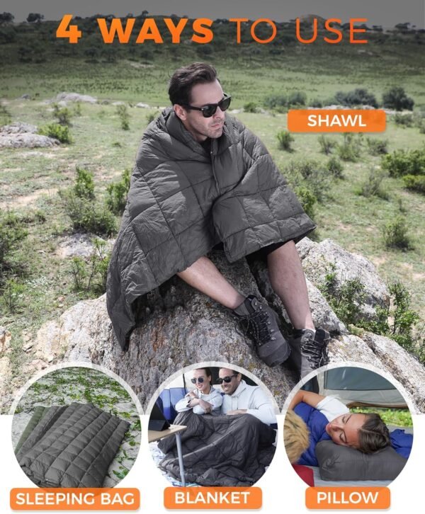 KingCamp Ultralight Camping Blanket, Packable Down Alternative Puffy Wearable Blankets Weatherproof Warm Package Quilt with Snap Buttons for Outdoor Hiking Travel Picnic Stadium (69" x 53", Charcoal) - Image 5