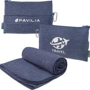 PAVILIA Travel Blanket Compact, Airplane Packable Bag, Soft Fleece Portable Throw Pillow Combo Set, Plane Flight Car Trips Essentials Gift Accessories, Luggage Backpack Clip, Navy Blue, 65 x 40 inch