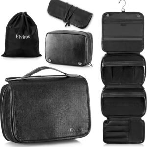 Elviros Hanging Toiletry Bag Removable Travel Bag PU leather Makeup Cosmetic Organizer Kit, Black
